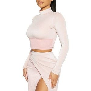 NAKED WARDROBE On The Glow Pink Glitter Mock Neck Crop Top